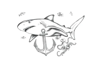 a hammerhead shark under it an anchor,fishes,jellyfisches,octopus. tattoo idea