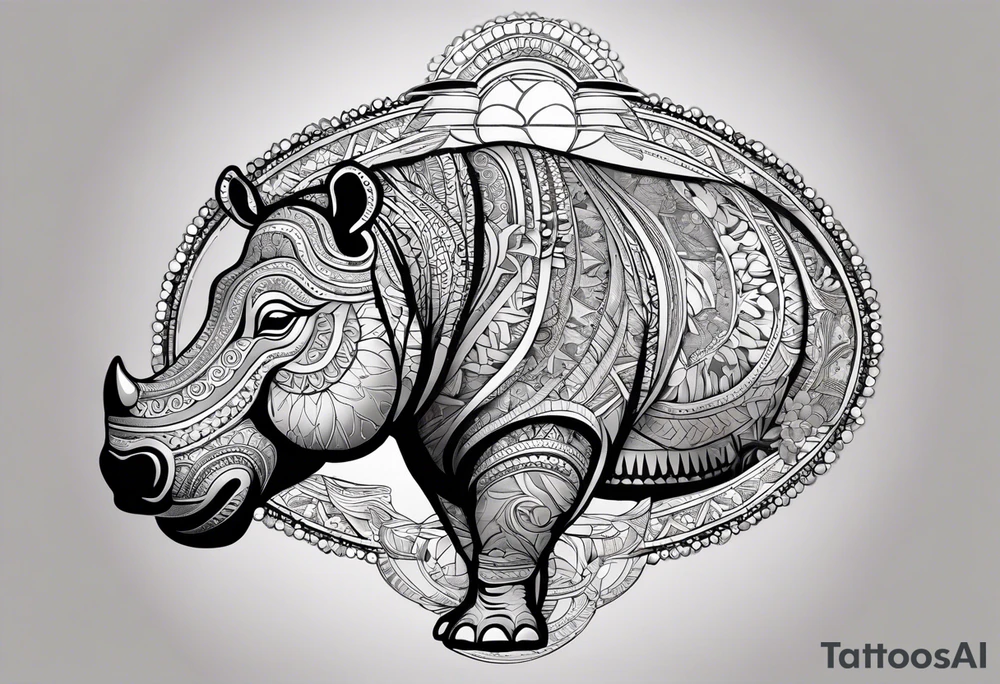 A foot long 2.5inches wide portrait orientation tattoo, containing a detailed hippo head with tribal patterns in the middle, a full moon on the upper side, and some wintersweet flowwer on the bottom side, these three components are connected with arches, lines, little geometric patterns, the lines will ne fine and narrow tattoo idea