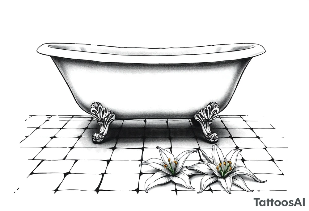 Clawfoot bathtub on tile floor with lily coming up from floor tattoo idea