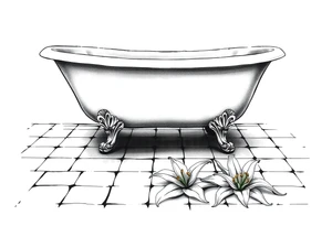 Clawfoot bathtub on tile floor with lily coming up from floor tattoo idea