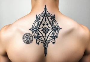 wide sacred geometry throat tattoo with several symbols combined tattoo idea