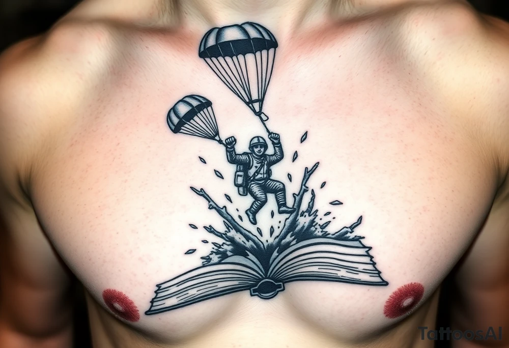 A parachuting soldier landing into an open book. Chaos surrounding, but the book is protecting the soldier from it. On the chest. Make the tattoo smaller. Make it thought provoking. Make the chaos in the environment be an eerie mist. Make the pages in the book be blank. Just one soldier, no other characters. the book is old. tattoo idea