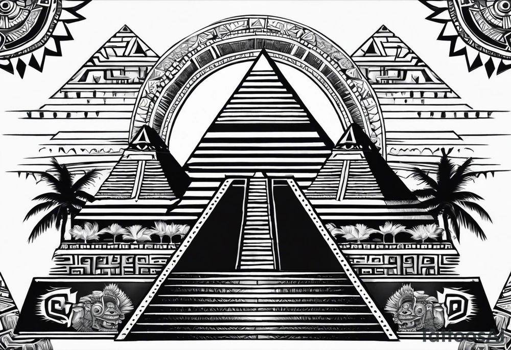 aztec sun background with pyramid in front with two aztec warrios on the left and right side of pyramid tattoo idea