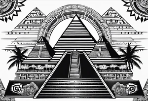 aztec sun background with pyramid in front with two aztec warrios on the left and right side of pyramid tattoo idea