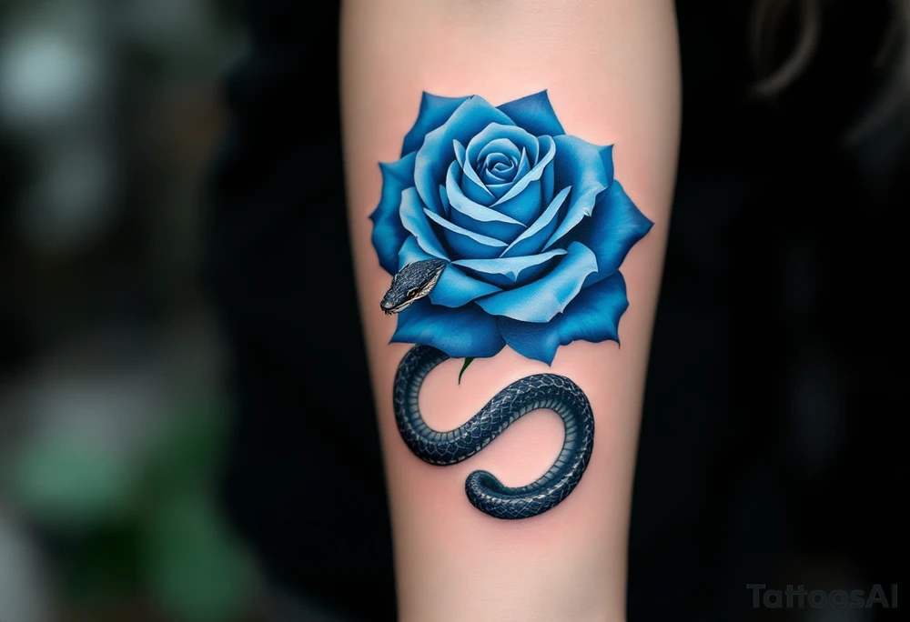 Blue rose entwined with a snake, rose in ocean blue and indigo, coiled by a dark gray serpent with white scales. tattoo idea