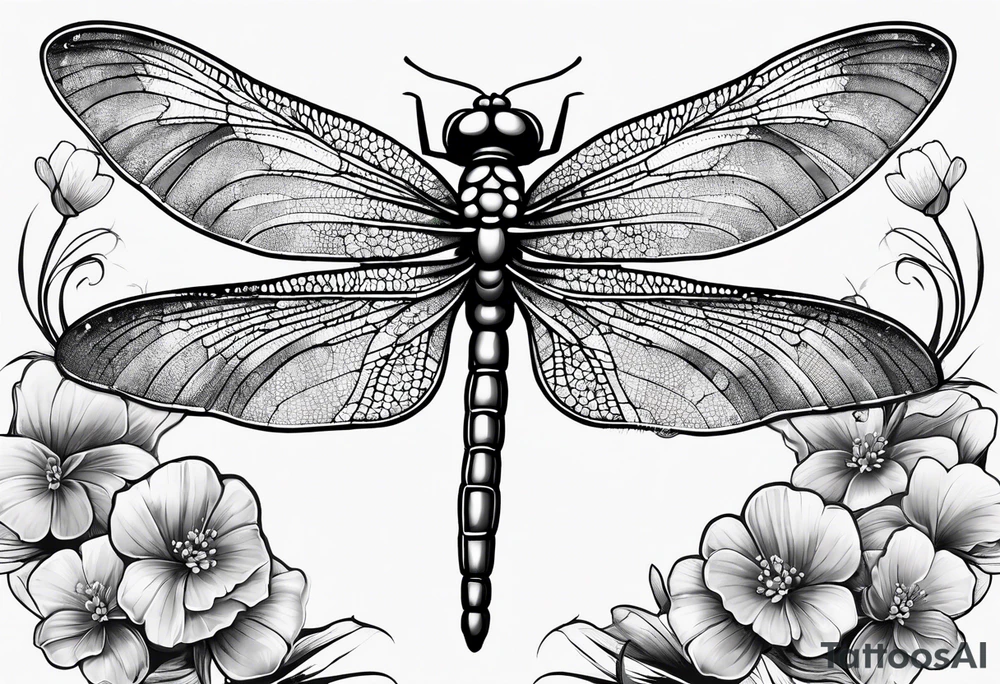 Dragon fly with clover flowers behind it tattoo idea