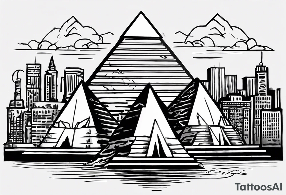 design featuring the Pyramids of Giza gracefully merging with the Manhattan skyline. Integrate the Nile River flowing into the Hudson River to symbolize your cultural journey. Keep the design clean and impactful, focusing on key elements to maintain a timeless and meaningful representation of your identity and experiences. tattoo idea