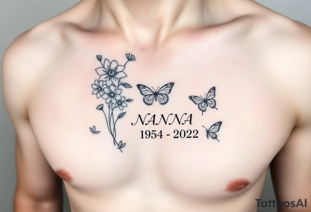 memorial tattoo with flowers and butterflies with the name “NANA” and the date “1954-2022” on the side of the rib cage tattoo idea