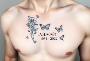memorial tattoo with flowers and butterflies with the name “NANA” and the date “1954-2022” on the side of the rib cage tattoo idea