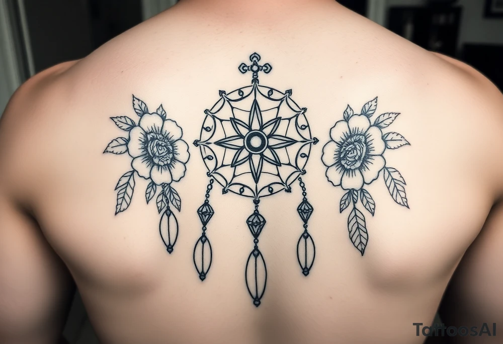 Boho dream catcher with compass and anchor Beautiful flowers and an ornamental chandelier like look tattoo idea