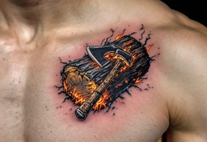 A fireman’s axe embedded in a burning log, with glowing embers and realistic charred wood textures. tattoo idea