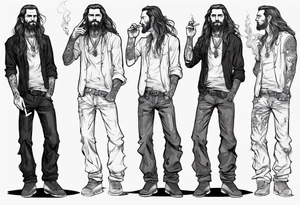 A man standing full-length, with long hair, no beard, smoking a cigarette, with earrings in his ears, no headgear tattoo idea