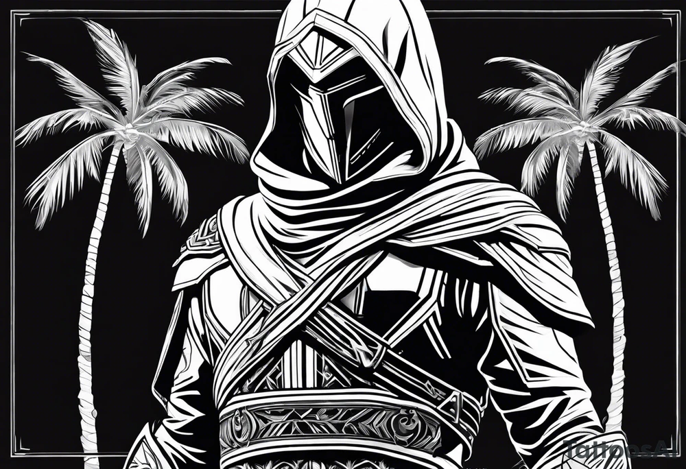 assassins creed character that is in the style of tron with palm trees tattoo idea