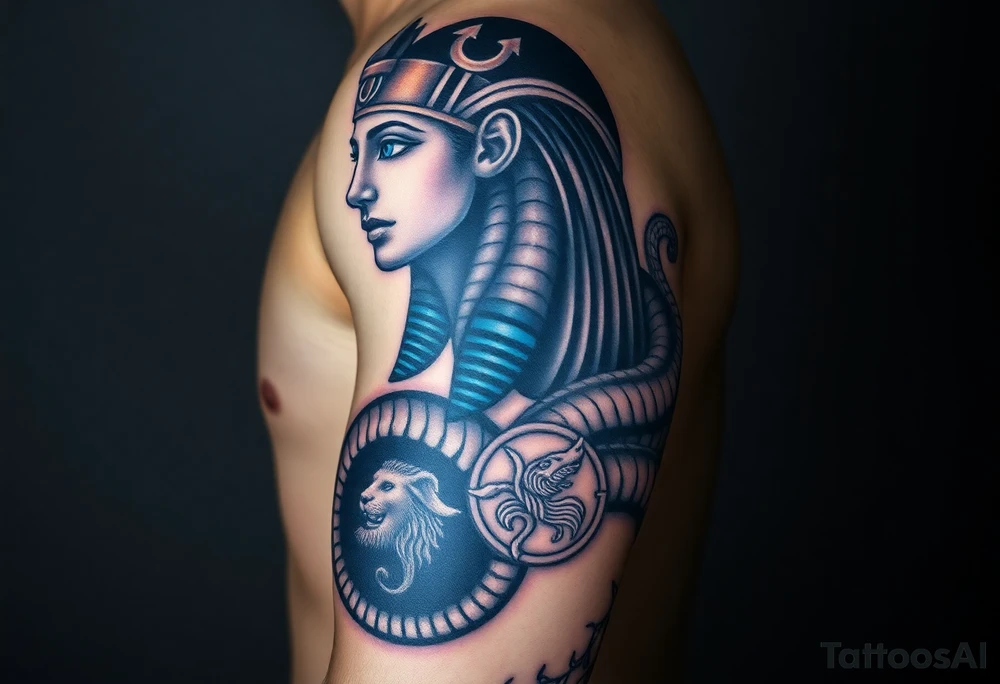 A DSLR photo of a full upper arm tattoo on a man's right arm, from neck to below the elbow. The tattoo shows the Egyptian goddess Renenutet with a serene and powerful female face, shaded with lifelike detail. Her eyes are vivid blue with white highlights. She wears a war crown (Mut or Isis style, with horns and a solar disk), and an ankh on the forehead. Her hair blends into a cobra hood that transitions into the serpent’s body wrapping around the entire arm. The cobra’s scales are deeply shaded black with white edge accents and subtle blue highlights on the back. The body coils protectively around the forearm, encircling three symbols: twin faces (Gemini), a lion’s head in relief (Leo), and a Capricorn with a horned goat and fish tail, each embedded in the snake’s body or stylized medallions. The tattoo glows slightly with white ink accents, giving it a vibrant, almost living presence. Photographed in soft studio lighting to highlight texture and shading, with visible skin grain and depth of ink. tattoo idea