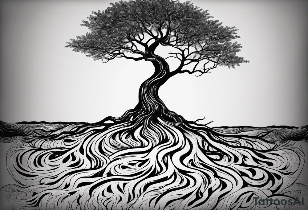 a narrow tree with roots with the text of "Deep roots are not reached by the frost." around it tattoo idea