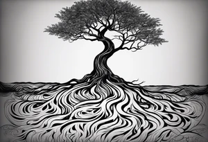 a narrow tree with roots with the text of "Deep roots are not reached by the frost." around it tattoo idea