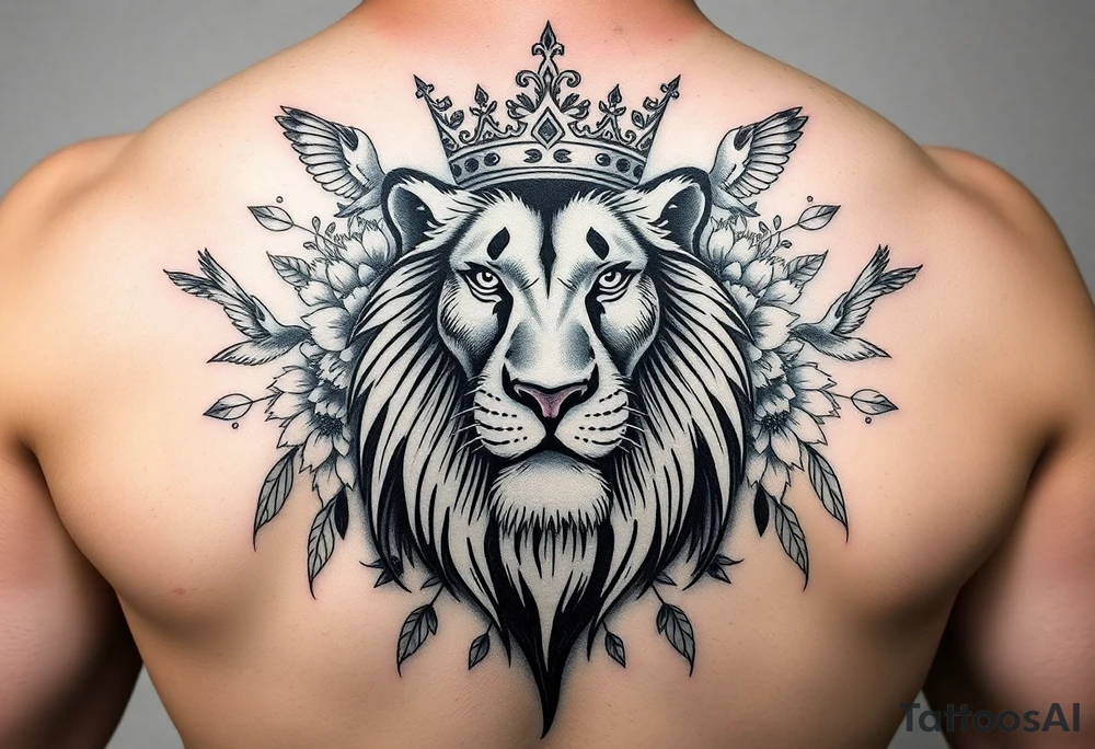 powerful majestic lion with a crown, surrounded by floral ornaments and birds tattoo idea