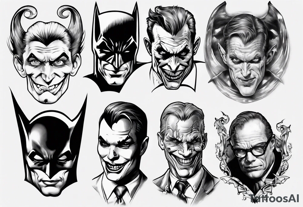 batman, joker, riddler, and two face in gotham sleeve tattoo idea