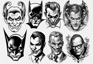 batman, joker, riddler, and two face in gotham sleeve tattoo idea