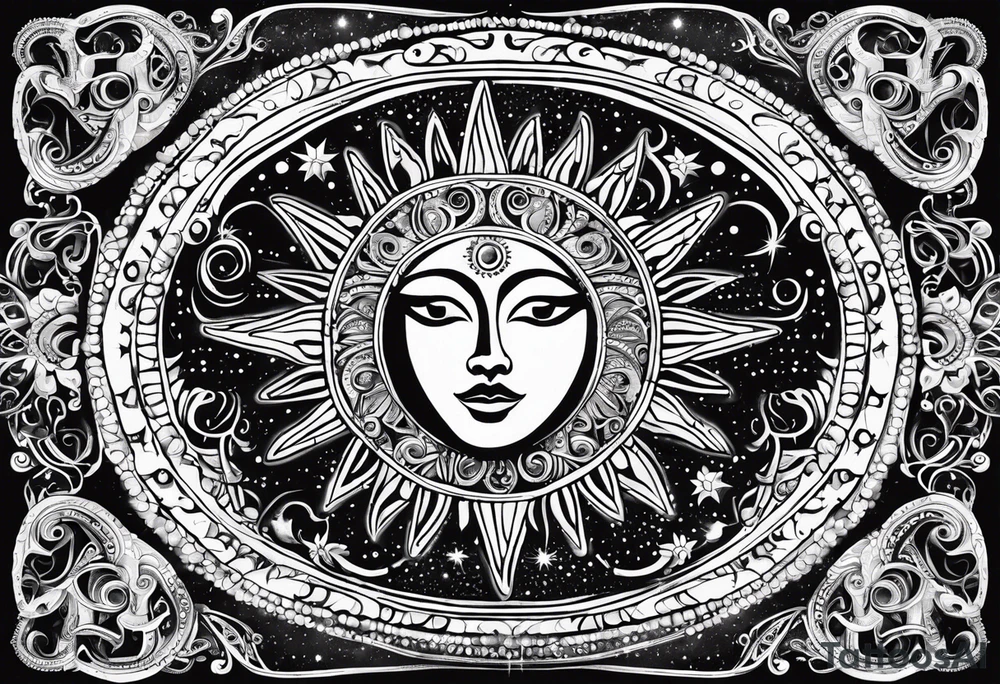 Mexican feminine alien Sun and moon. Freeform rectangular sternum swirls with dots and stars tattoo idea