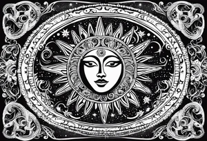 Mexican feminine alien Sun and moon. Freeform rectangular sternum swirls with dots and stars tattoo idea