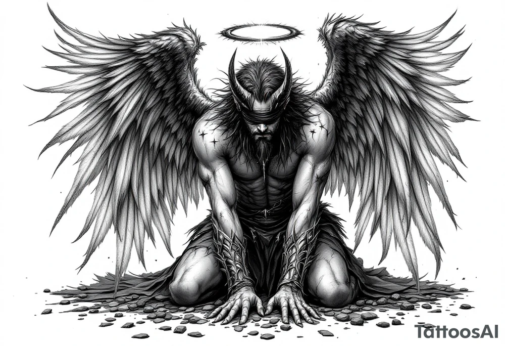 Lucifer Morningstar fallen angels on knees down head looking nonsense dropped hands on ground, 
Blindfold,
While his gratful wings scattered in the sky,
With hand armour and shining halo tattoo idea