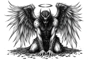 Lucifer Morningstar fallen angels on knees down head looking nonsense dropped hands on ground, 
Blindfold,
While his gratful wings scattered in the sky,
With hand armour and shining halo tattoo idea