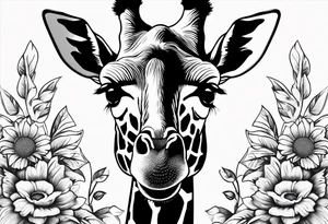 giraffe front view with sunflower and leafs tattoo idea