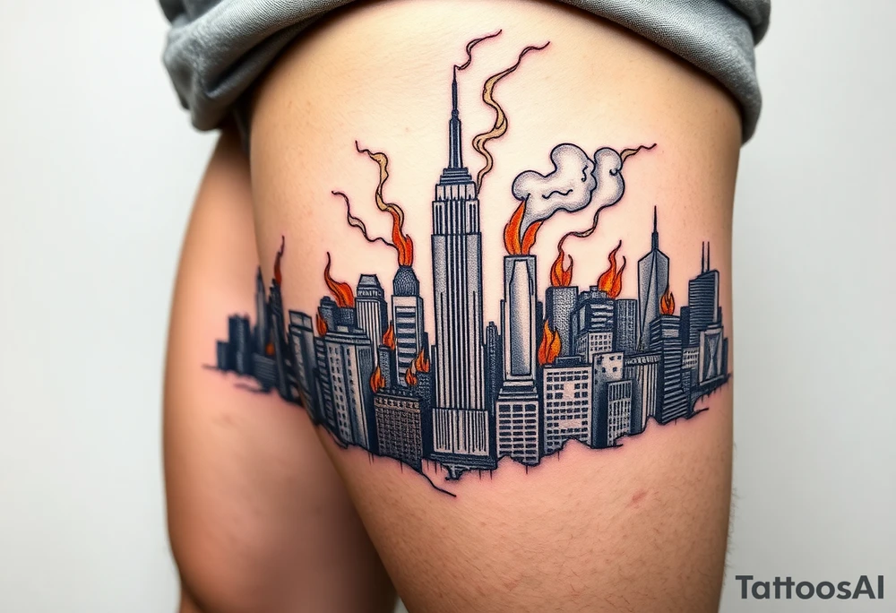 toxic new york city landscape on fire tattoo idea