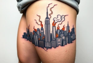 toxic new york city landscape on fire tattoo idea