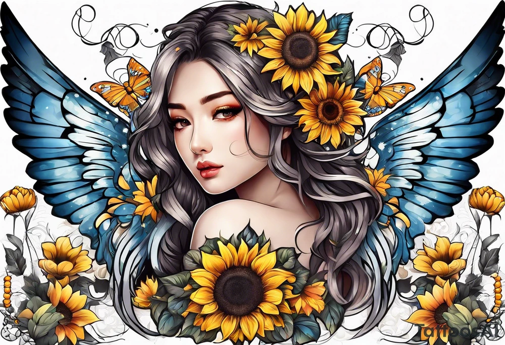 Sleeve with angel wings, sunflower and butterfly tattoo idea