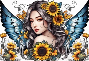 Sleeve with angel wings, sunflower and butterfly tattoo idea