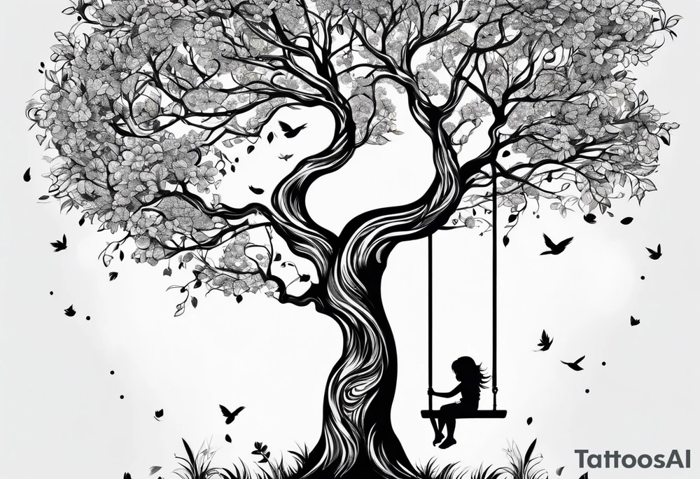 little girl swinging under a tree of life tattoo idea