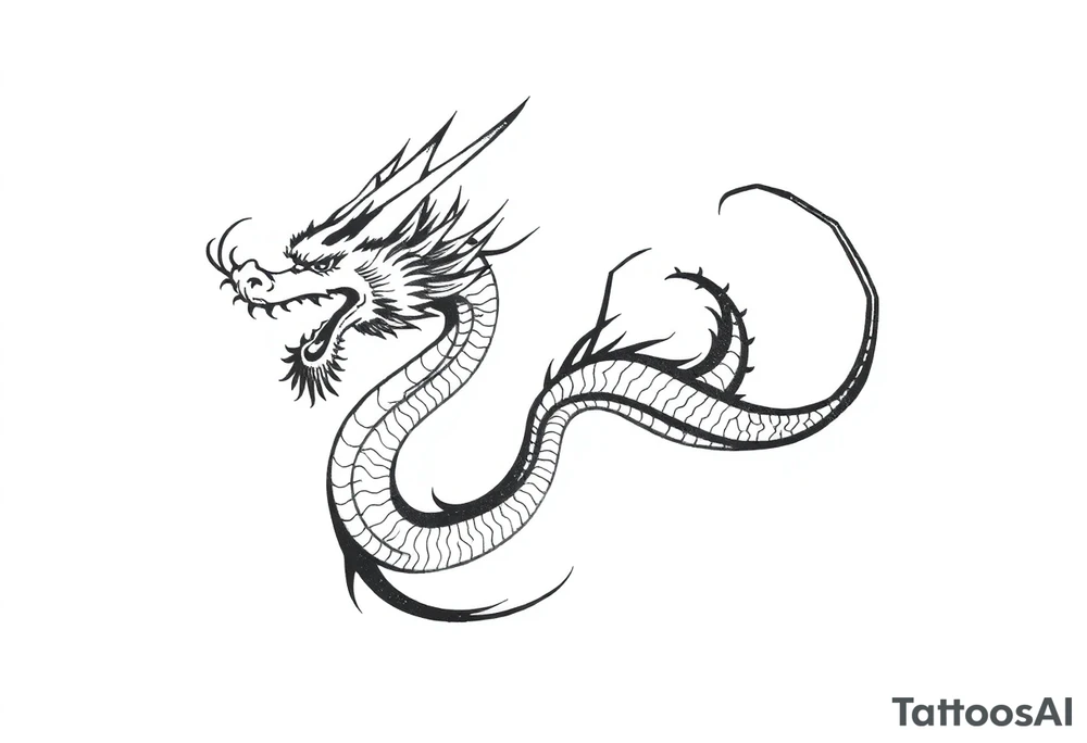 Black ink dragon with flowing body, abstract motion lines, stylised blackwork tattoo, minimalist details, high contrast, traditional Japanese dragon form, vertical layout tattoo idea