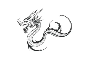Black ink dragon with flowing body, abstract motion lines, stylised blackwork tattoo, minimalist details, high contrast, traditional Japanese dragon form, vertical layout tattoo idea