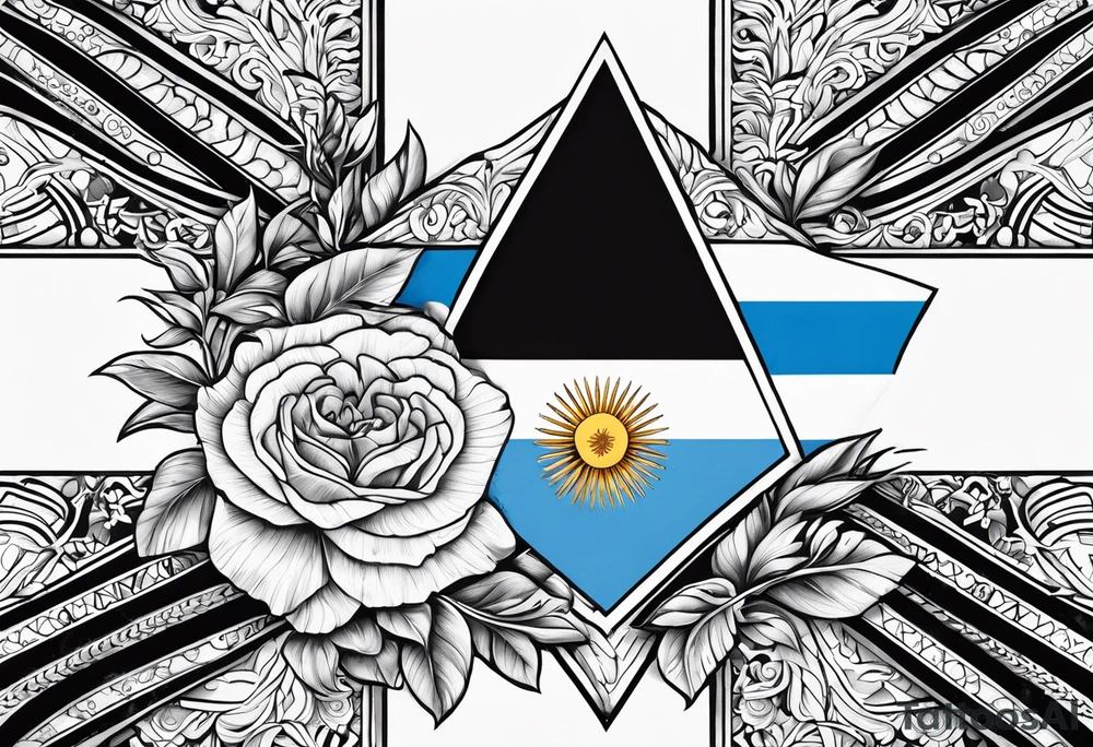 Con la flor del ceibo, el solo de la bandera argentina, el hornero y el escudo nacional argentino formar el contorno del territorio argentino tattoo idea