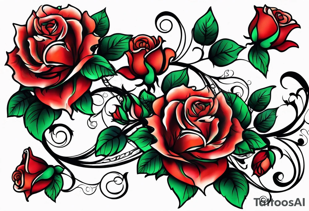 long vine flower sleeve with roses and rodadendra tattoo idea