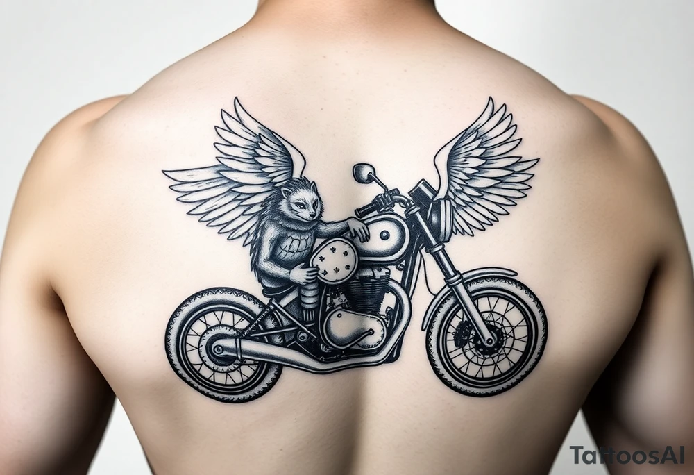 a motorcycle on it with guardian angel wolves on the bike tattoo idea