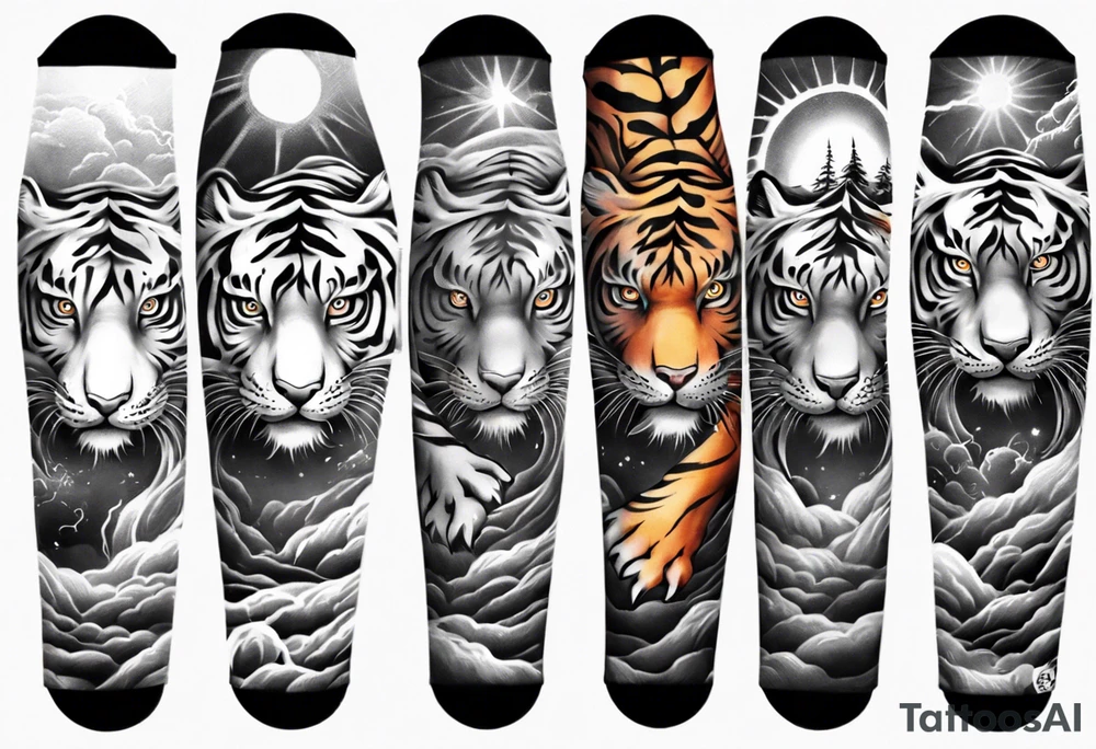 Tiger sleeve tattoo with lightning and the sun
Forearm sleeve tattoo idea
