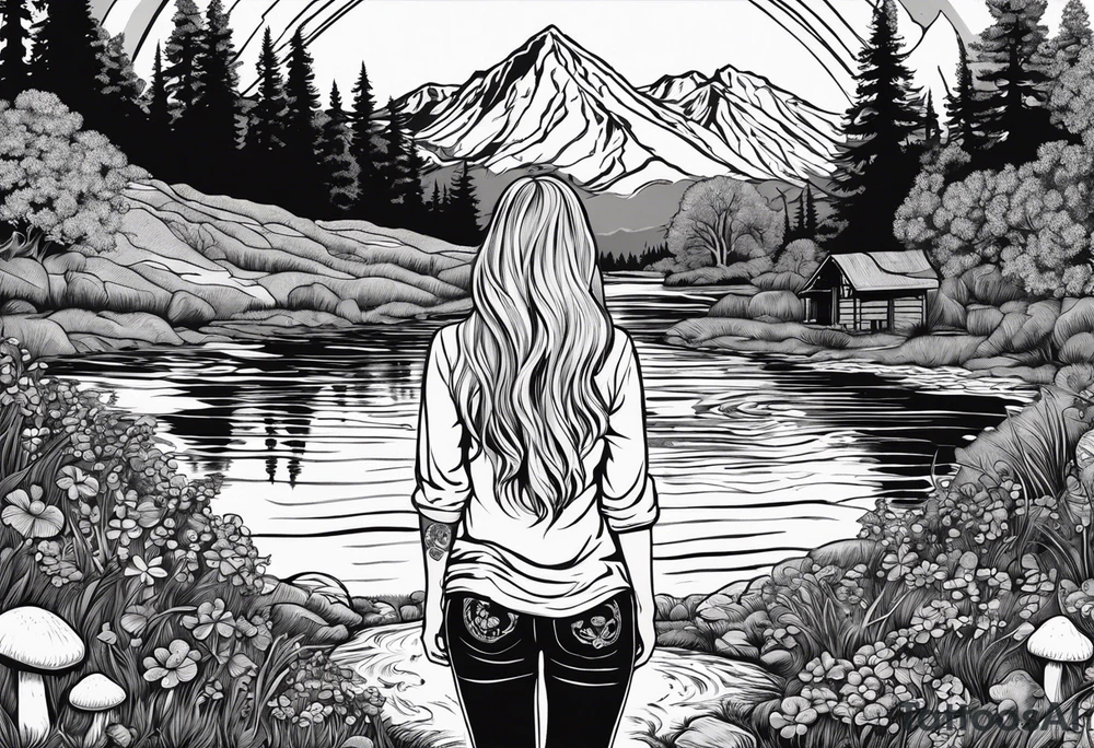Whole picture encircled fully

Straight long blonde hair hippie girl in distance holding mushrooms in hand facing away toward mountains and creek surrounded by mushrooms long sleeve shirt and hiking pants; whole rendering within a full celtic circle, no cut off circle tattoo idea