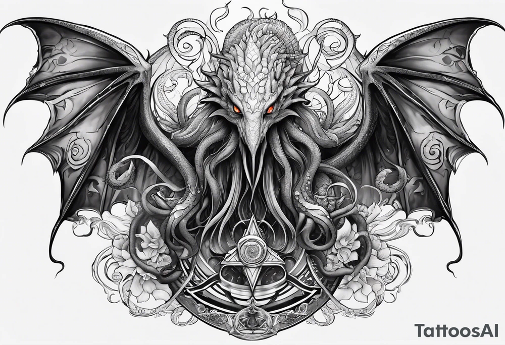Vertical full sleeve. Lovecraftian creature, protecting a token of love. tattoo idea