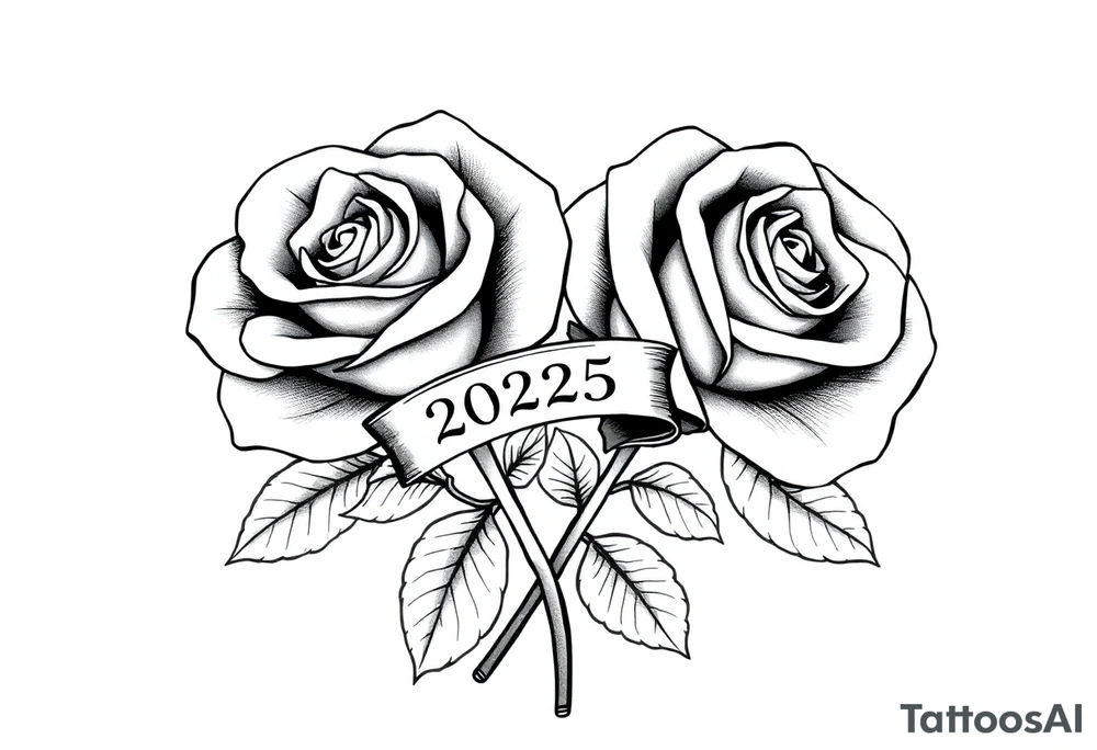 two big beautiful roses with leaves and with their stems intertwined, with a small banner with the year "2025" on it, tying them together.  Add the following word "Rose" written in Kanji above the drawing tattoo idea