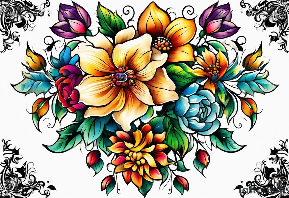 vintage colorful floral print tattoo idea