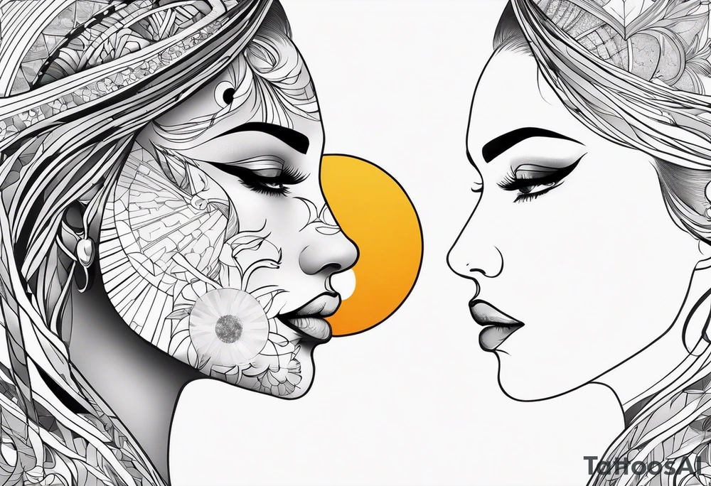 single face 
half of the face is a woman representing the sun, and the second half is a man representing the moon. tattoo idea