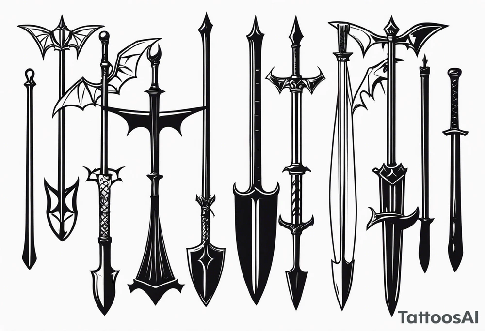 Medieval weapons rack with 4 different kind of bats hanging from 4 of the 6 open spaces. tattoo idea