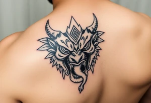 Purépecha style tattoo integrating with oni mask with a snake in its mouth tattoo idea