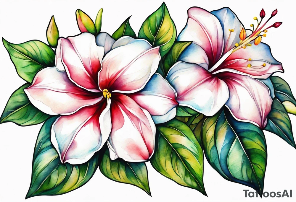 white background, abstract mandevilla flowers on a vine, part of it watercolor, part of it just line work tattoo idea