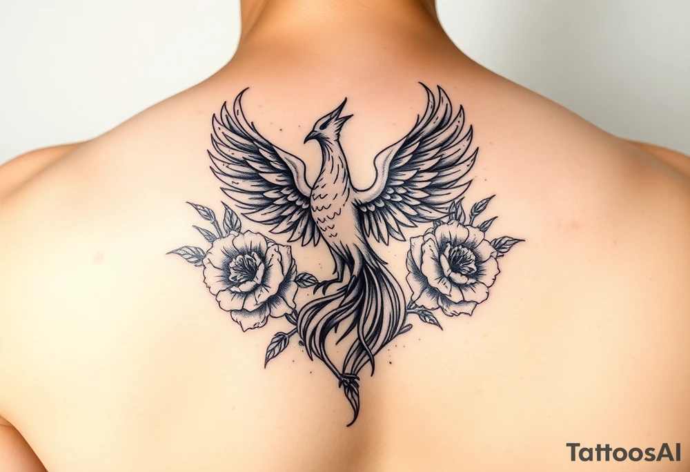 A pheonix rising out of fire surrounded by carnation flowers tattoo idea