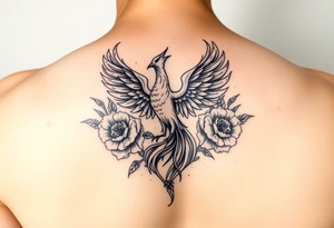 A pheonix rising out of fire surrounded by carnation flowers tattoo idea