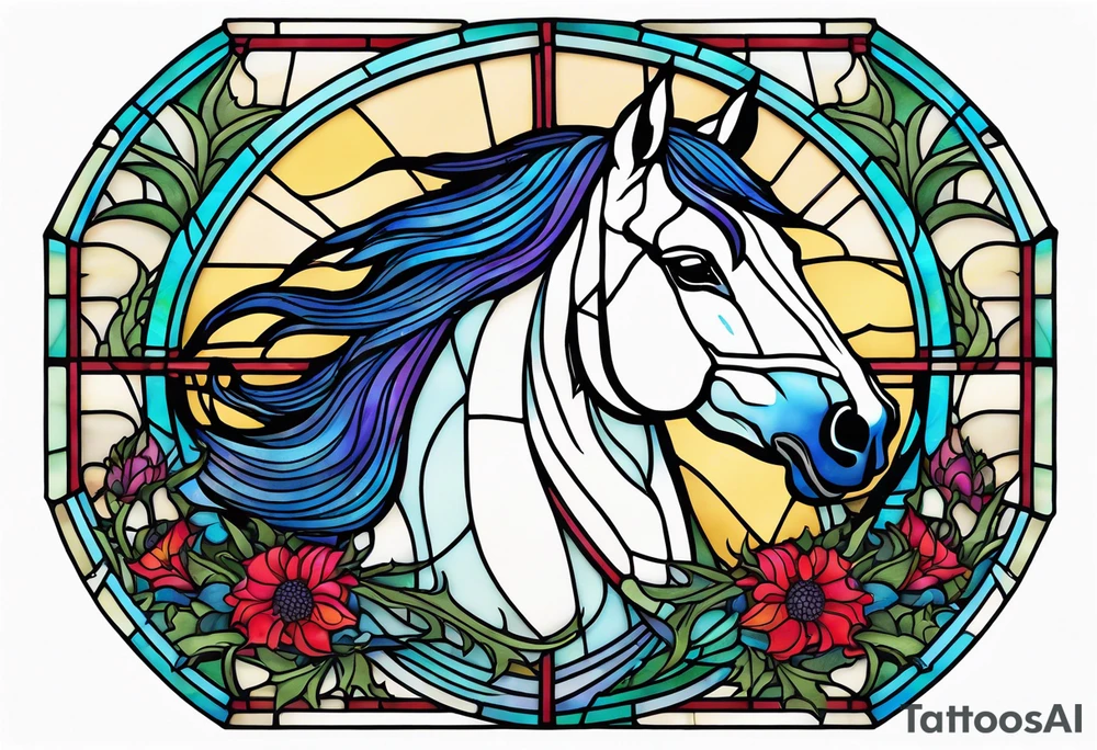 a stained glass window with a horse's head and a thistle in ocean colours. tattoo idea